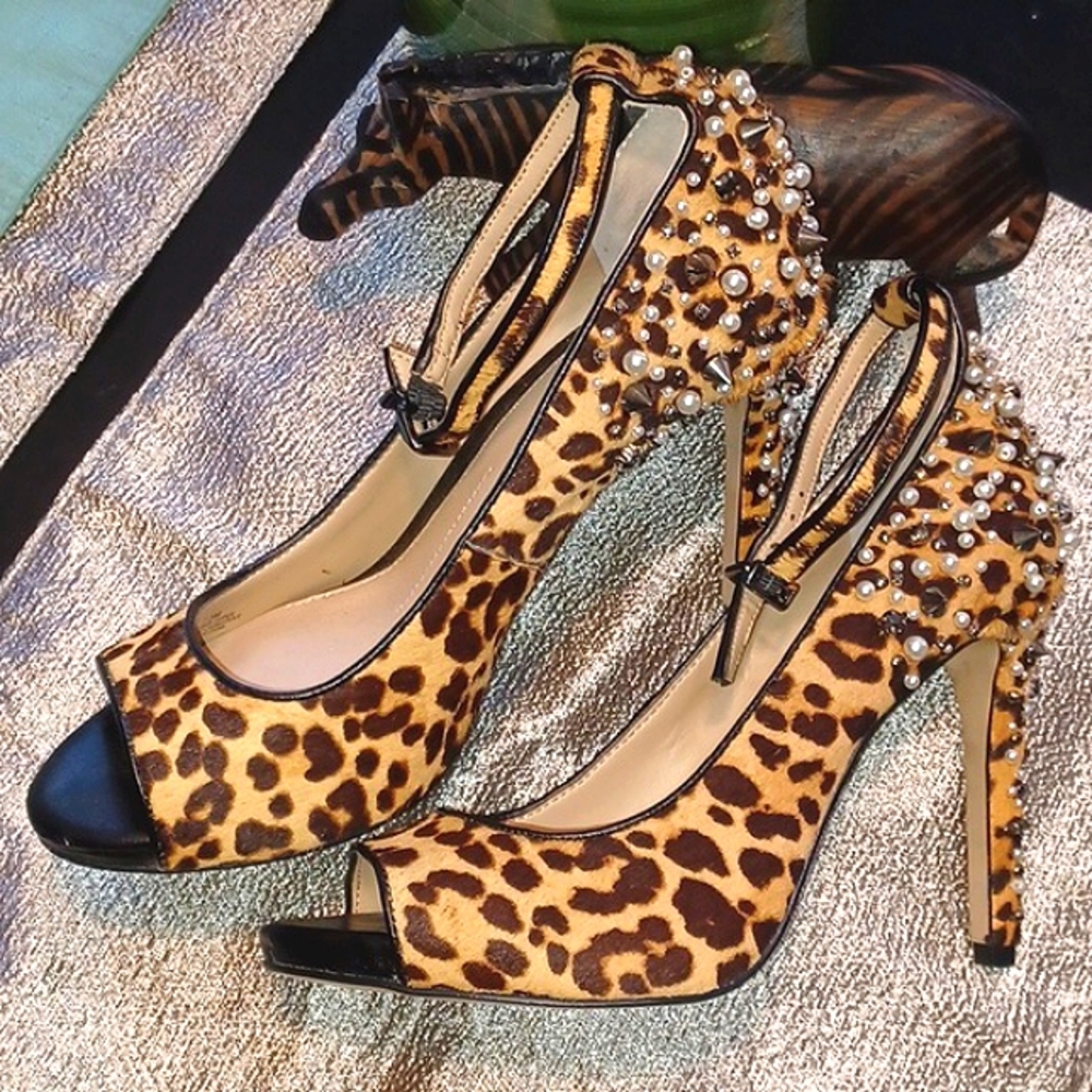 Gianni Bini Rocker Leopard Print REAL Fur Heels